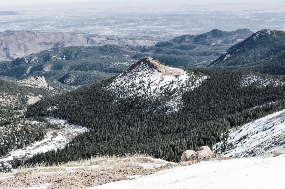Pikes Peak and forested slopes in El Paso County, Colorado