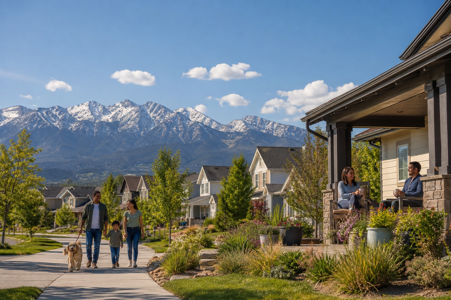 Suburban Colorado street lined with homes and snow-capped Rocky Mountains in the distance