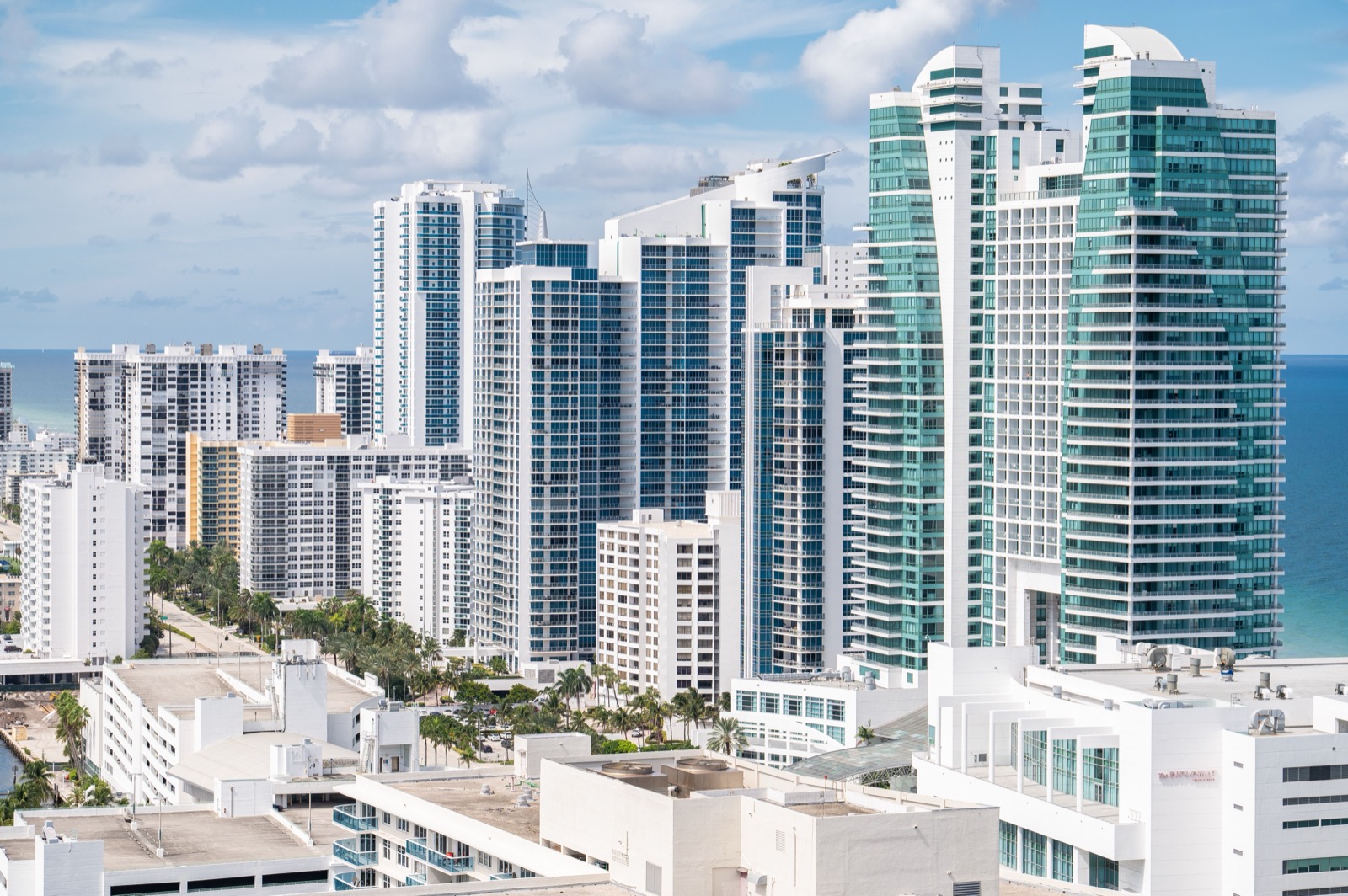 Oceanfront condominium towers along the coast in Hollywood, Florida