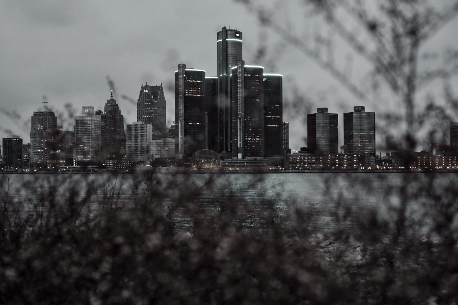 Detroit skyline across the waterfront at dusk